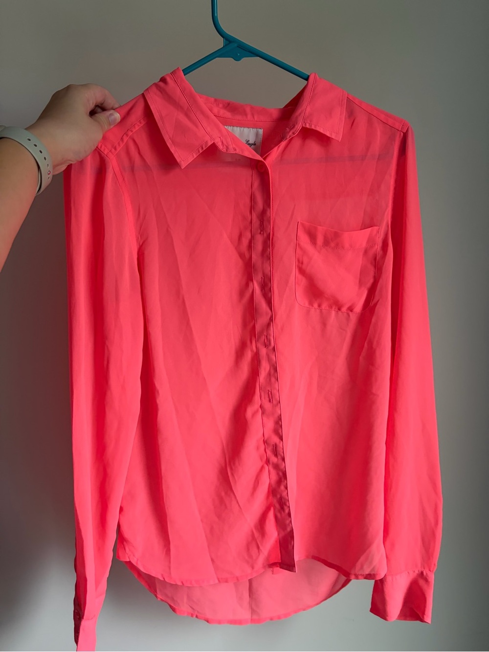 American Eagle Coral Pink Sheer Button Down Blouse Size Small